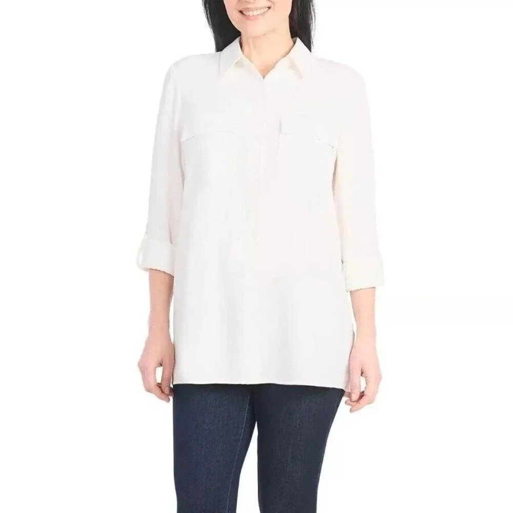 Hilary Radley Women's L Ivory Long Sleeve Button-Down Shirt 100% Polyester M0415 - Picture 1 of 13
